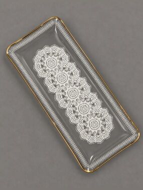 Crystal Clear Industries White Lace Gold Trim 13” Glass Tray Vintage